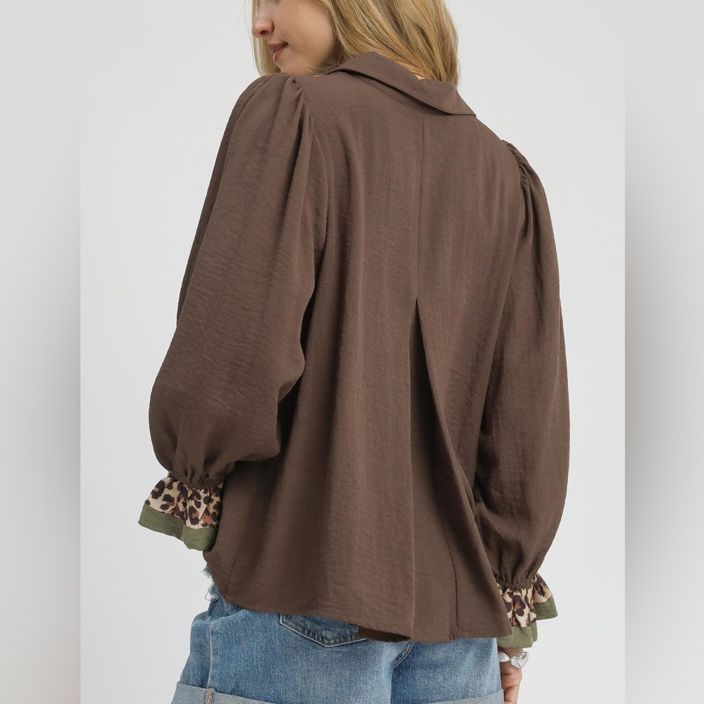 Half Button Blouse With Leopard Print Trim In Cho… - image 5